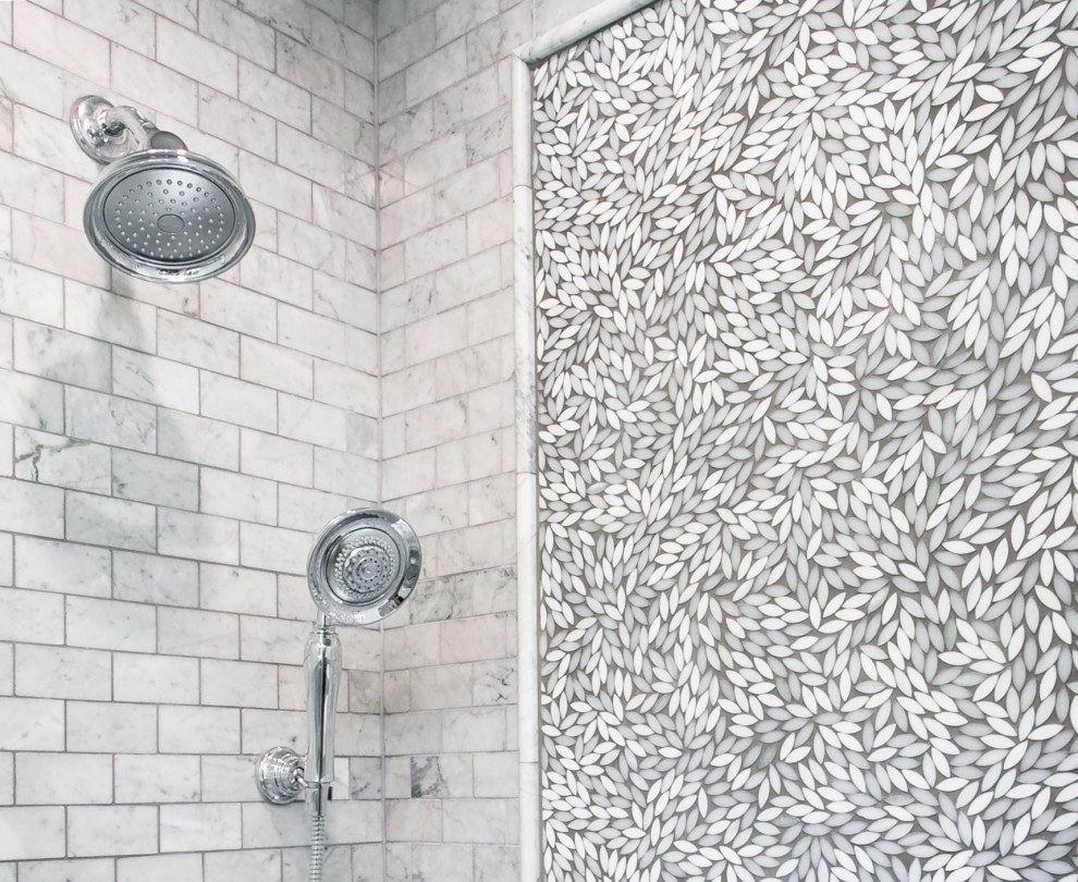 Corner shower - small french country 3/4 gray tile and marble tile marble floor, gray floor and single-sink corner shower idea in Los Angeles with a wall-mount toilet, white walls, a pedestal sink and a hinged shower door