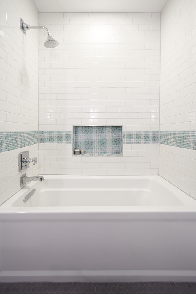 Example of a mid-sized classic white tile and subway tile porcelain tile bathroom design in Austin with a drop-in sink, shaker cabinets, dark wood cabinets, granite countertops, a one-piece toilet and blue walls