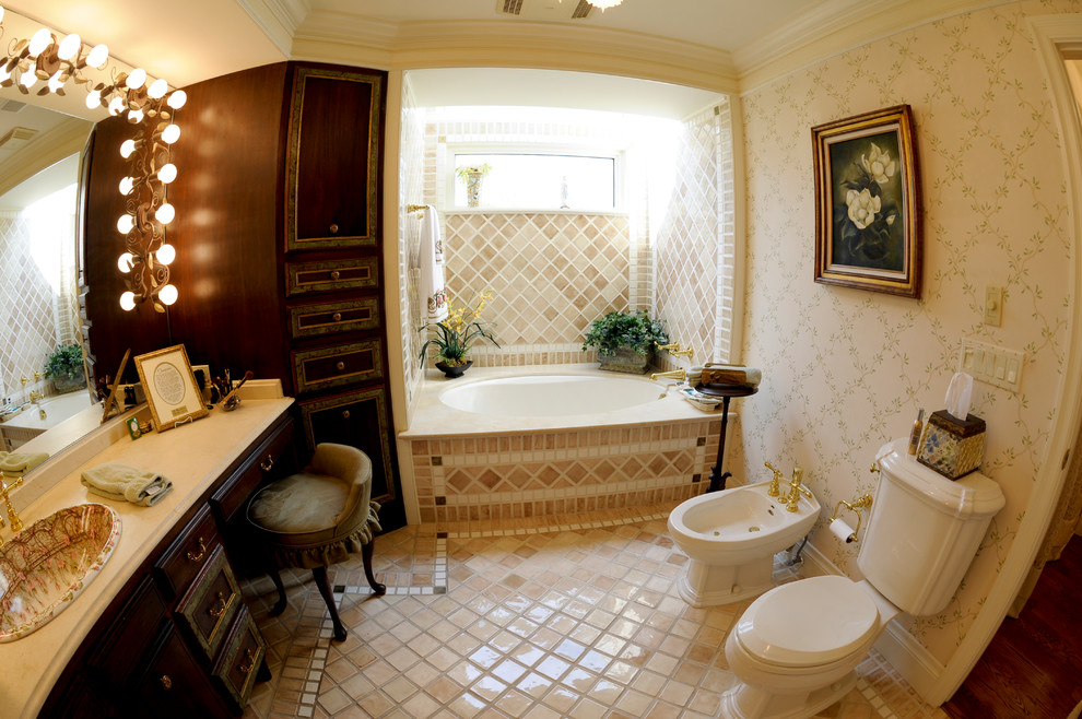 Example of a large master beige tile and mosaic tile mosaic tile floor bathroom design in Miami with a drop-in sink, a hot tub and beige walls