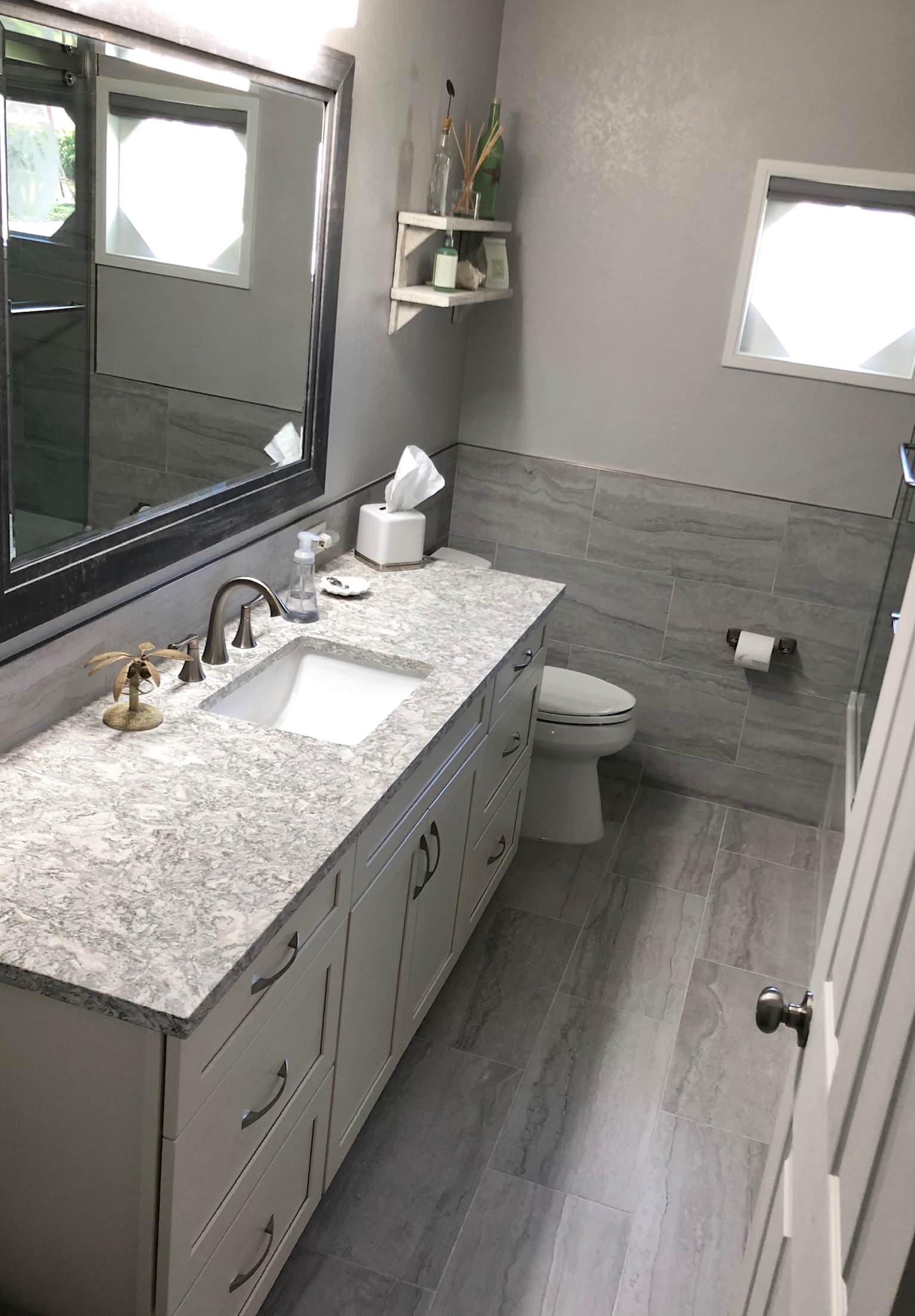 Gray Cabinets And Granite Countertops, White Bathroom Vanity With Grey Granite Top Dining Table