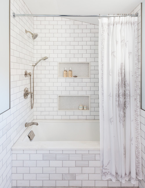 Subway Chic: Alcove Bathtub with Subway Tiles and Penny Tiled Niche Curtain Inspirations