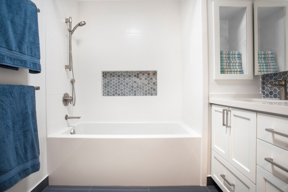 Bathroom - mid-sized modern kids' white tile and ceramic tile ceramic tile, gray floor and double-sink bathroom idea in San Francisco with shaker cabinets, white cabinets, quartzite countertops, white countertops and a built-in vanity