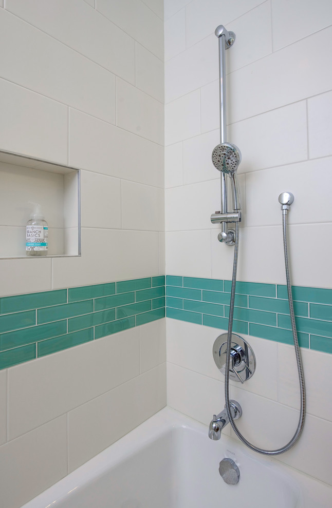 Example of a mid-sized transitional 3/4 blue tile and glass tile ceramic tile bathroom design in Seattle with flat-panel cabinets, a one-piece toilet, white cabinets, white walls, an undermount sink and quartz countertops