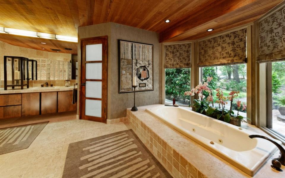 На фото: главная ванная комната среднего размера в стиле модернизм с плоскими фасадами, темными деревянными фасадами, накладной ванной, серыми стенами, полом из травертина, накладной раковиной, столешницей из плитки и бежевым полом