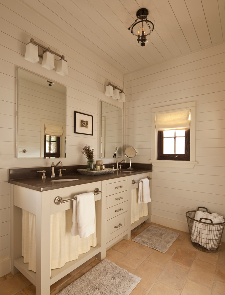 Farmhouse bathroom photo in Austin with open cabinets, gray cabinets and white walls
