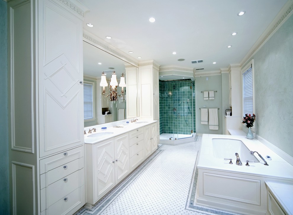 Huge elegant master multicolored tile and porcelain tile marble floor bathroom photo in DC Metro with an undermount sink, furniture-like cabinets, white cabinets, marble countertops and green walls