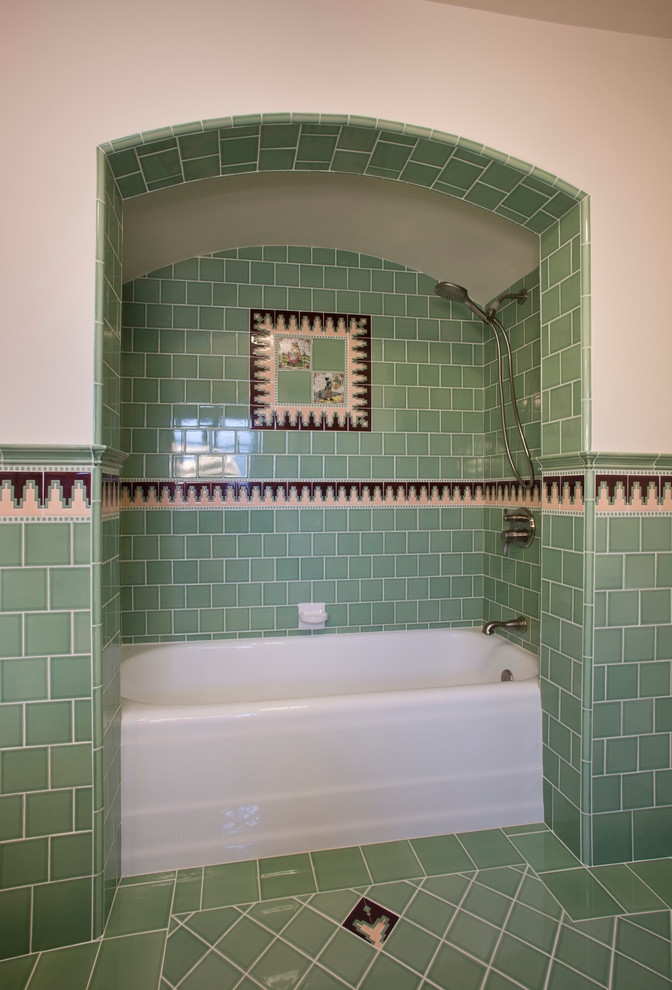 Photo of a large mediterranean ensuite bathroom in Los Angeles with multi-coloured tiles and pink walls.