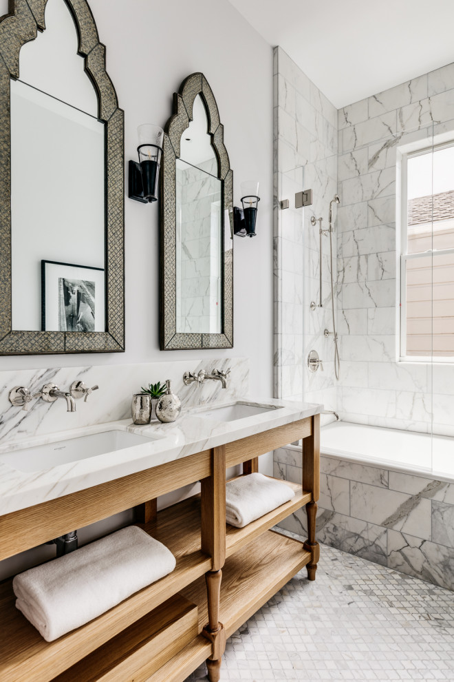 Inspiration for a transitional master gray tile gray floor bathroom remodel in San Francisco with open cabinets, medium tone wood cabinets, gray walls, an undermount sink and gray countertops