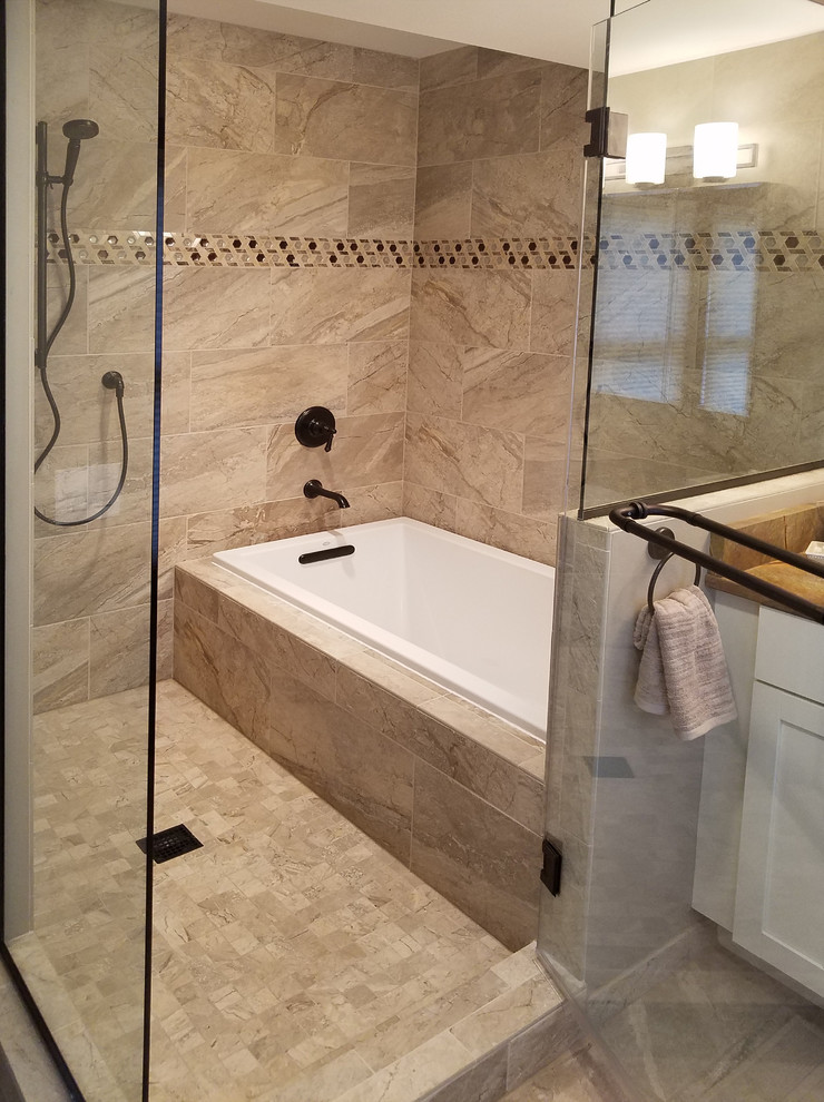 Small classic shower room bathroom in Other with shaker cabinets, white cabinets, a corner shower, a two-piece toilet, beige walls, porcelain flooring, a submerged sink, granite worktops, brown floors and a hinged door.