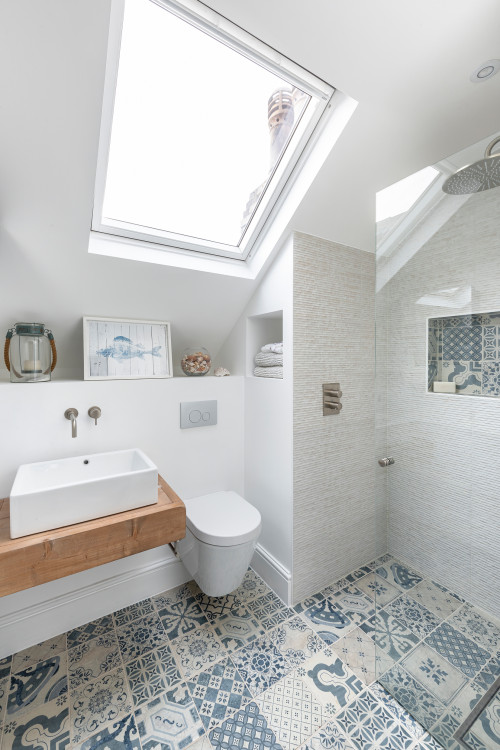 Skylights in Attic Bathrooms with White Walls