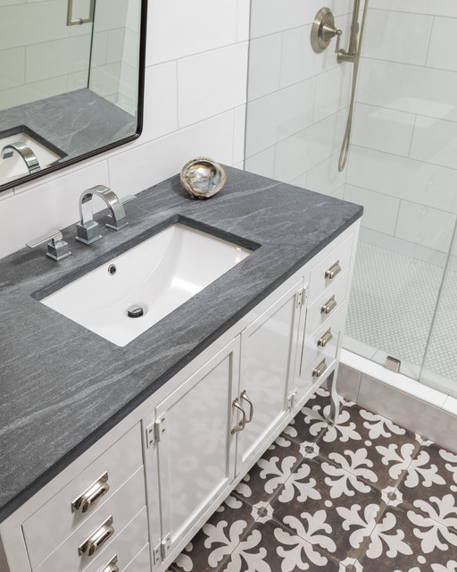 Fun Patterned Floor Tiles in Bathroom Transitional Bathroom