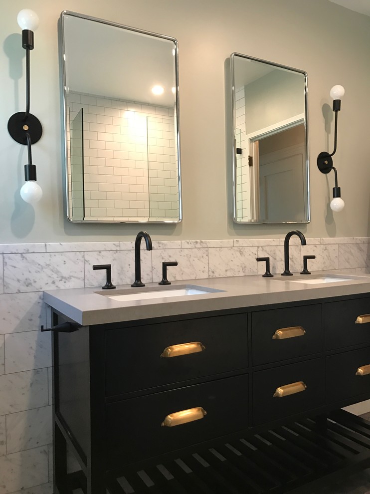 Small urban master gray tile and marble tile ceramic tile and gray floor bathroom photo in Los Angeles with flat-panel cabinets, brown cabinets, a bidet, green walls, an undermount sink and concrete countertops
