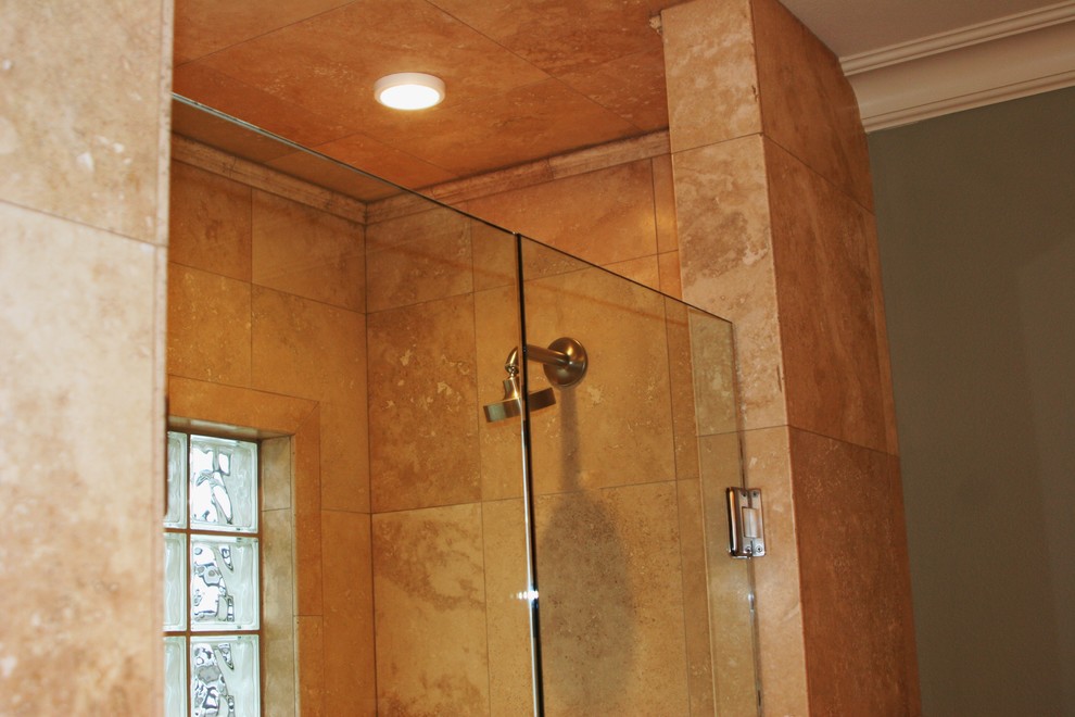 Small mediterranean shower room bathroom in Other with an alcove shower, brown tiles, ceramic tiles and a hinged door.
