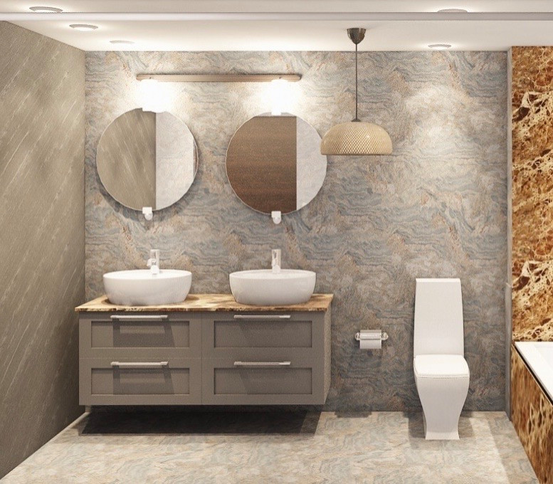 Inspiration för små klassiska brunt badrum med dusch, med ett hörnbadkar, grå kakel, marmorkakel, grå väggar, marmorgolv, marmorbänkskiva och grått golv