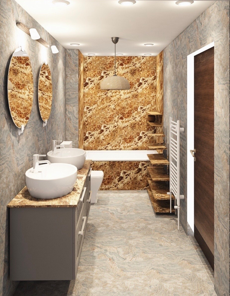 Small victorian shower room bathroom in Dusseldorf with a corner bath, grey tiles, marble tiles, grey walls, marble flooring, marble worktops, grey floors, brown worktops, double sinks, a floating vanity unit and panelled walls.