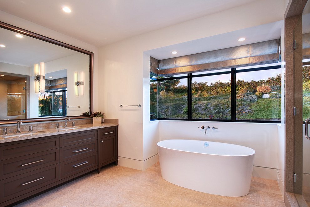 Contemporary bathroom in Orange County with a freestanding bath.