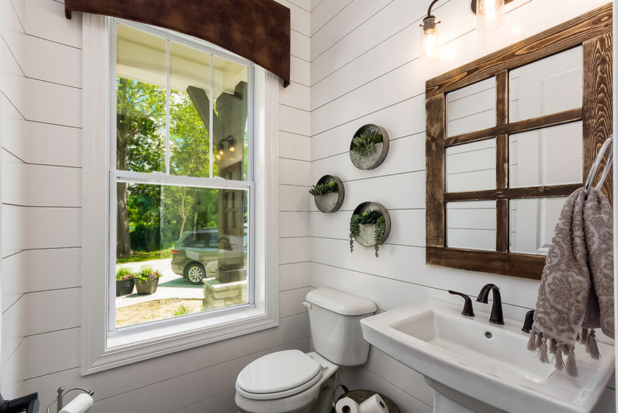 Bathroom - small transitional 3/4 bathroom idea in Columbus with a two-piece toilet, white walls and a pedestal sink