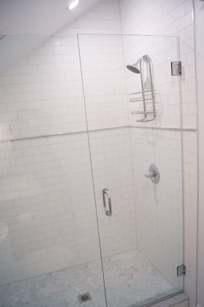 Inspiration for a medium sized classic shower room bathroom in Ottawa with an alcove shower, white tiles and porcelain tiles.