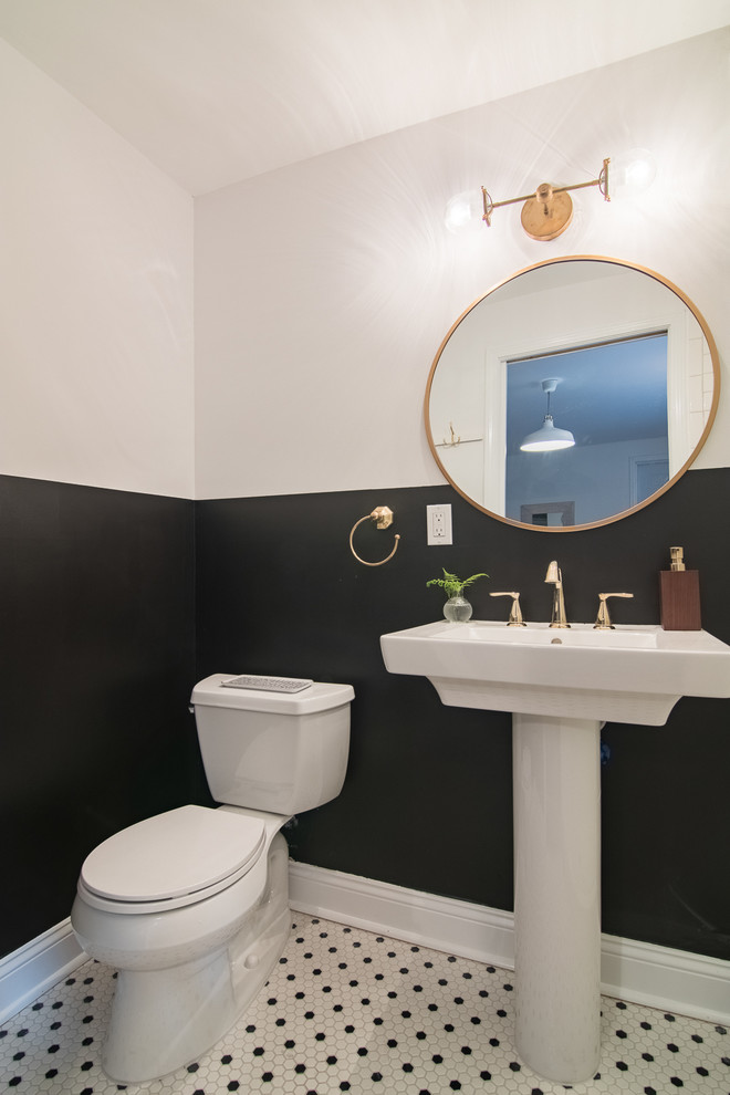 Bathroom - transitional black and white tile ceramic tile bathroom idea in Jacksonville with a two-piece toilet and black walls