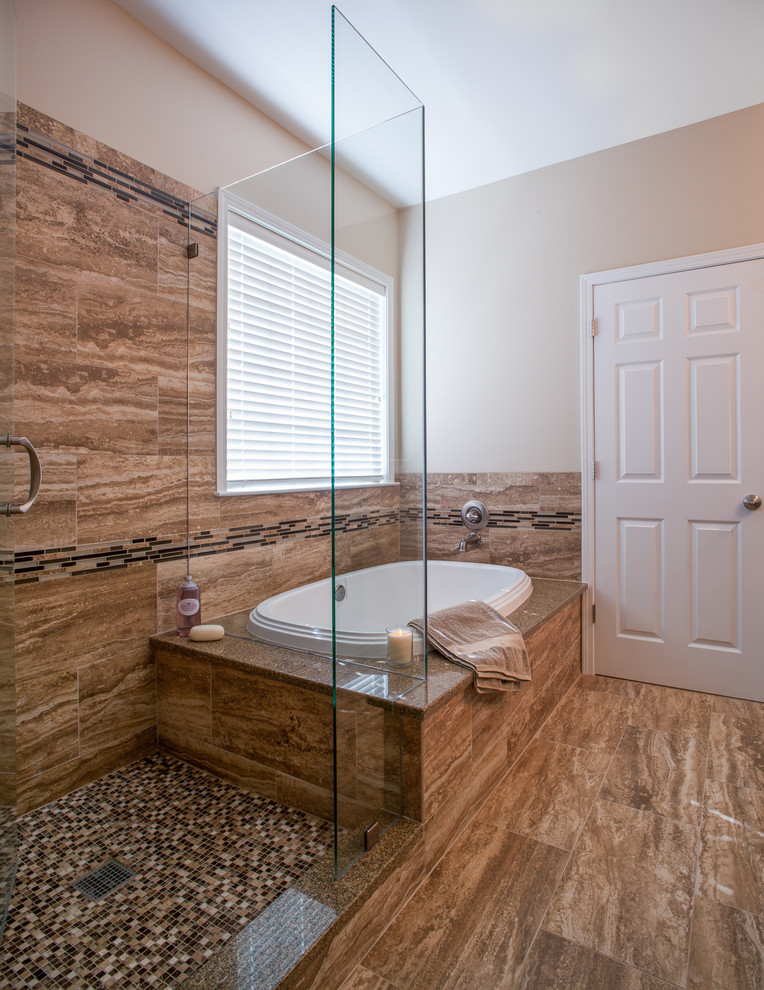 Example of a small trendy master brown tile and porcelain tile porcelain tile bathroom design in Charlotte with an undermount sink, flat-panel cabinets, dark wood cabinets, granite countertops and beige walls
