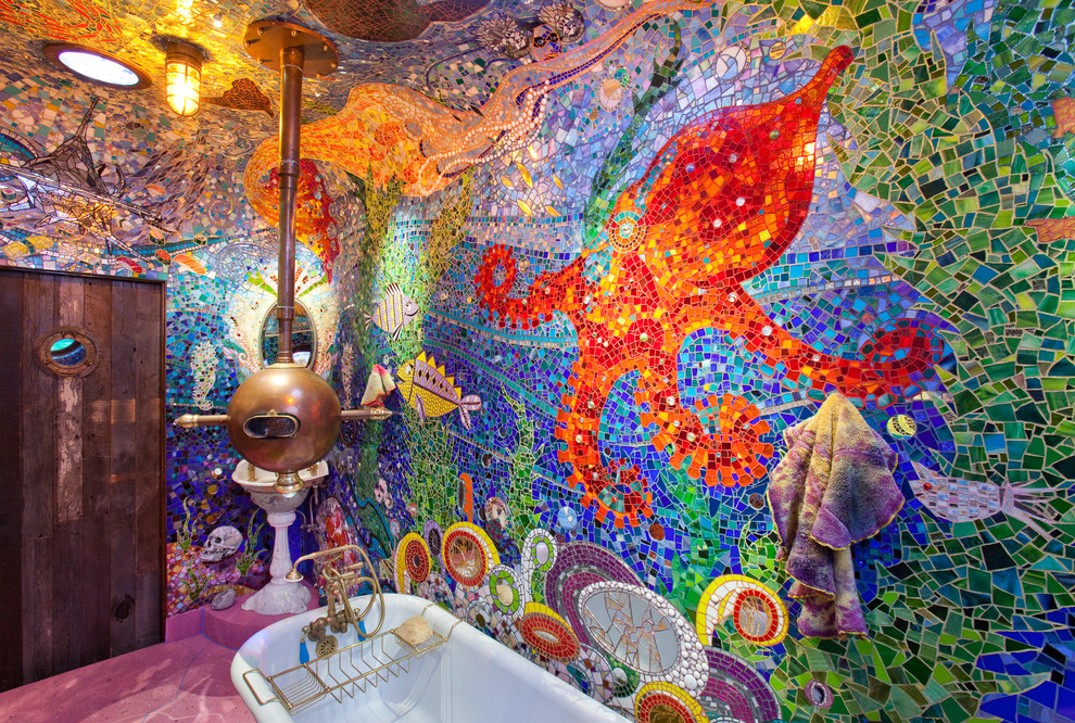 This is an example of a bohemian bathroom in San Francisco with mosaic tiles, multi-coloured tiles and pink floors.