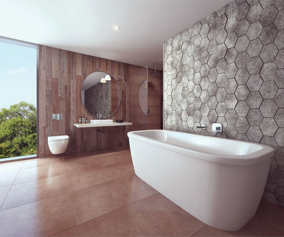 Imagen de cuarto de baño contemporáneo con sanitario de pared