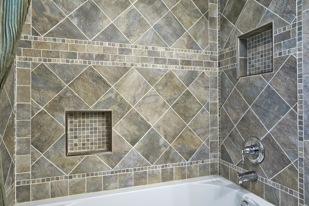 Small trendy 3/4 multicolored tile ceramic tile alcove shower photo in Philadelphia with a drop-in sink, light wood cabinets, a two-piece toilet and beige walls