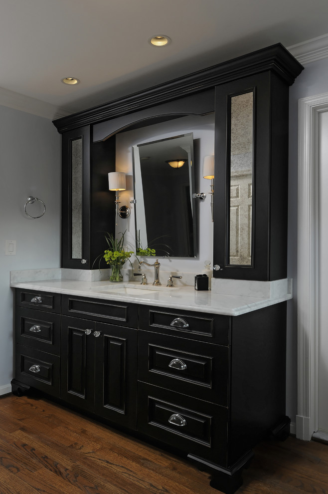 ワシントンD.C.にあるトラディショナルスタイルのおしゃれな浴室 (アンダーカウンター洗面器、レイズドパネル扉のキャビネット、黒いキャビネット、照明) の写真