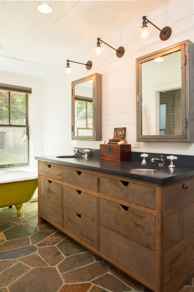 Mid-sized urban master freestanding bathtub photo in Columbus with an undermount sink, flat-panel cabinets, medium tone wood cabinets and white walls