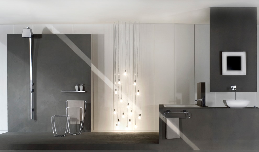 Стильный дизайн: ванная комната в стиле неоклассика (современная классика) с настольной раковиной - последний тренд