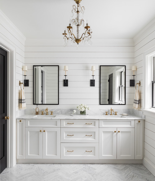 Luxe Serenity: White Bathroom Luxury with Shiplap Walls and Crystal Chandelier Mirror Ideas