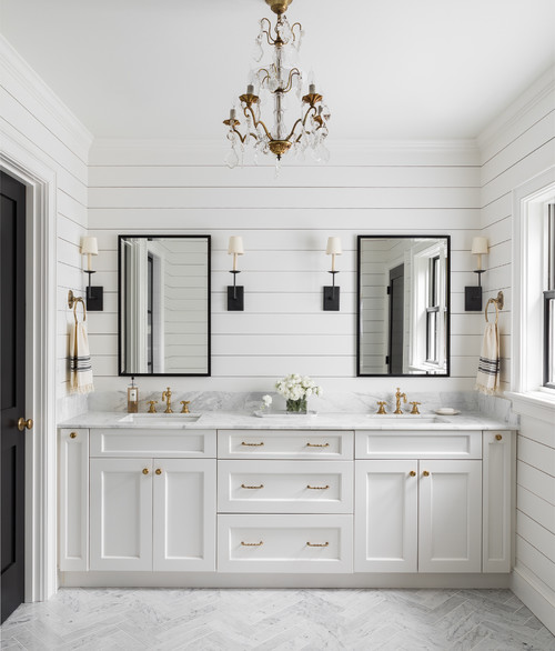 Bathroom - farmhouse master gray floor bathroom idea in Seattle with shaker cabinets, white cabinets, white walls, an undermount sink and gray countertops