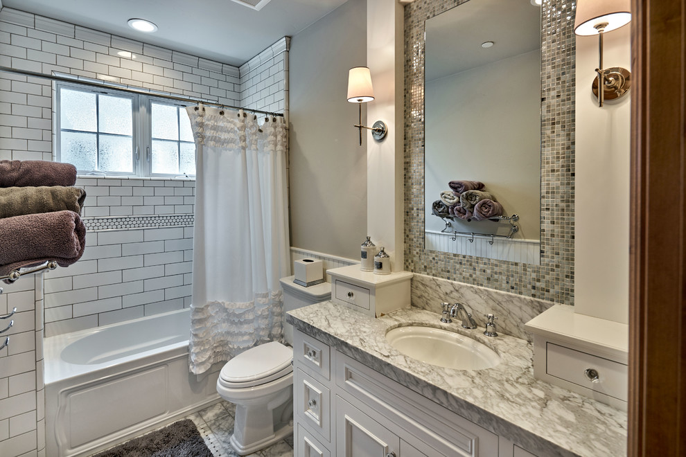 Example of a huge farmhouse kids' white tile and subway tile marble floor bathroom design in San Francisco with furniture-like cabinets, a two-piece toilet, gray walls, an undermount sink and marble countertops