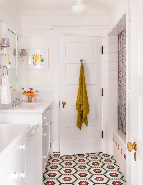 Multicolored Hexagon Floors: Girls Bathroom with Flair