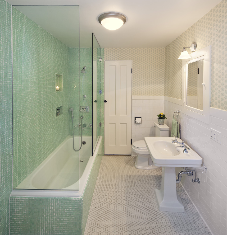 Design ideas for a classic bathroom in Santa Barbara with mosaic tiles, a pedestal sink and feature lighting.