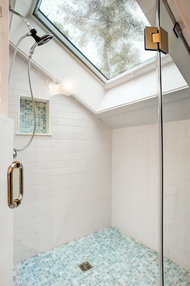 Inspiration for a large transitional master blue tile and mosaic tile marble floor and white floor corner shower remodel with shaker cabinets, white cabinets, a two-piece toilet, gray walls, an undermount sink and a hinged shower door