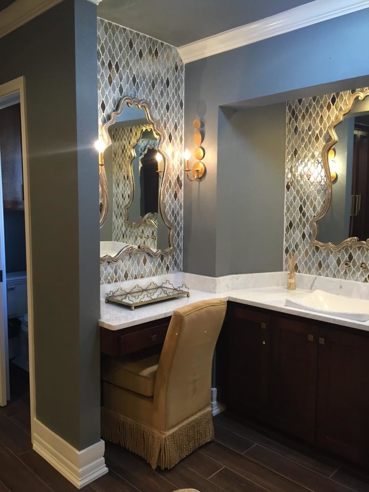 Example of a mid-sized classic master multicolored tile and mosaic tile dark wood floor and brown floor bathroom design with dark wood cabinets, blue walls, a drop-in sink and marble countertops