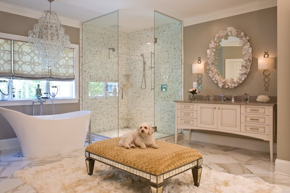 Example of a large classic master gray tile, white tile and mosaic tile marble floor and white floor bathroom design in DC Metro with furniture-like cabinets, white cabinets, gray walls, an undermount sink and a hinged shower door