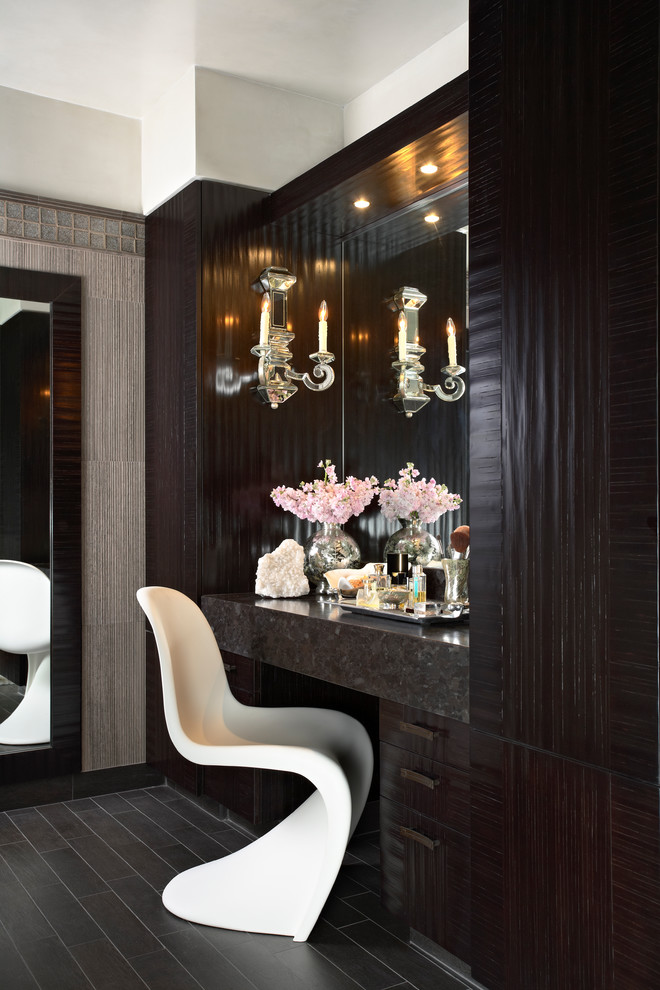 This is an example of a contemporary bathroom in Minneapolis with flat-panel cabinets and dark wood cabinets.