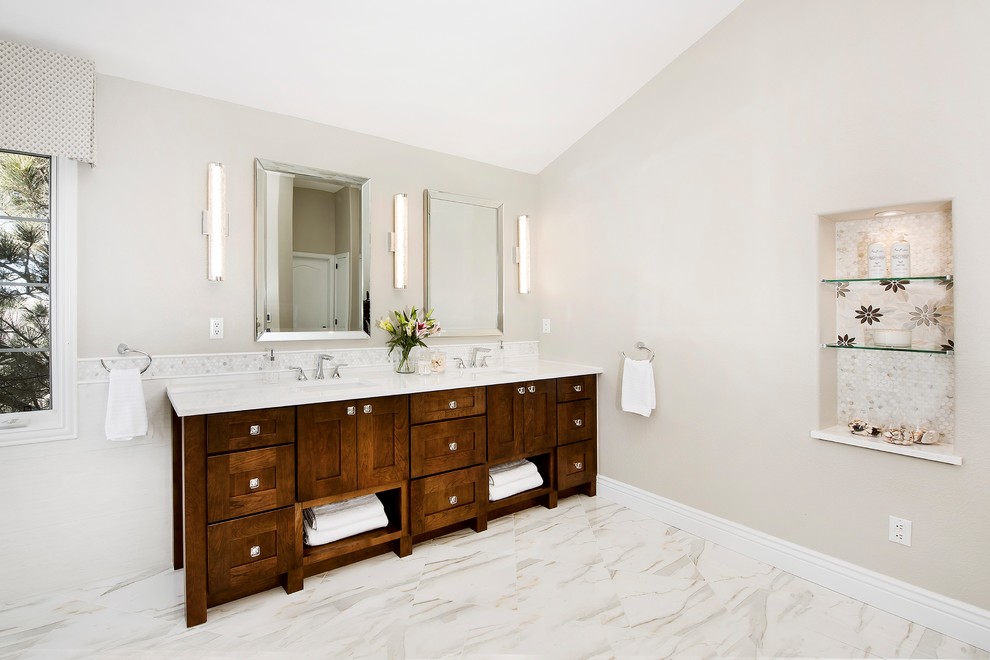 Bathroom - contemporary master white tile and marble tile bathroom idea in Denver with furniture-like cabinets, dark wood cabinets, an undermount sink, quartzite countertops, a hinged shower door and white countertops
