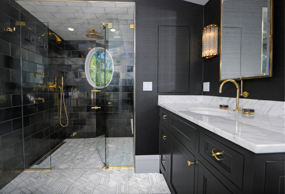 Inspiration for a small contemporary master black tile and subway tile mosaic tile floor and white floor bathroom remodel in New York with flat-panel cabinets, black cabinets, a two-piece toilet, black walls, an undermount sink, marble countertops, a hinged shower door and white countertops
