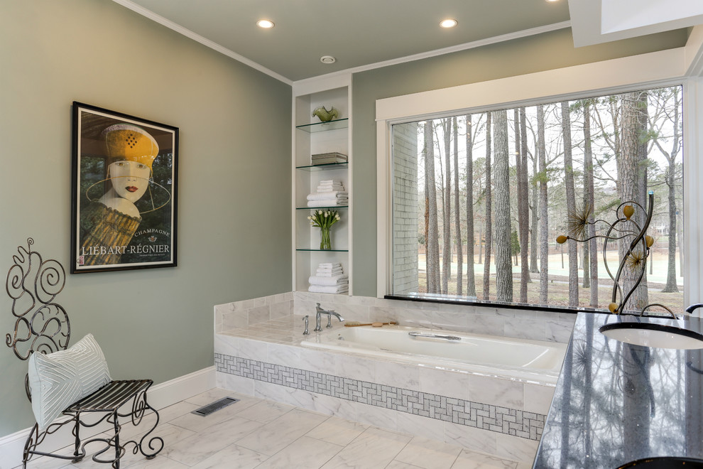 Inspiration for a large contemporary master white tile and porcelain tile porcelain tile bathroom remodel in Raleigh with an undermount sink, beige cabinets, granite countertops, a one-piece toilet and green walls