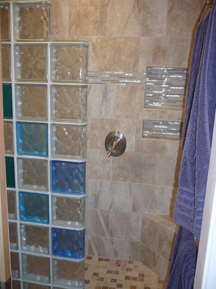 Glass block shower with colored blocks and recessed tile niche Los Alamos New M Transitional