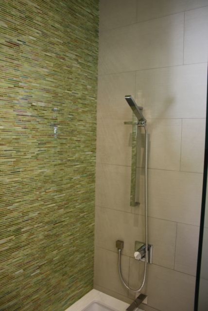 Diseño de cuarto de baño de estilo zen con ducha empotrada, baldosas y/o azulejos verdes y paredes verdes