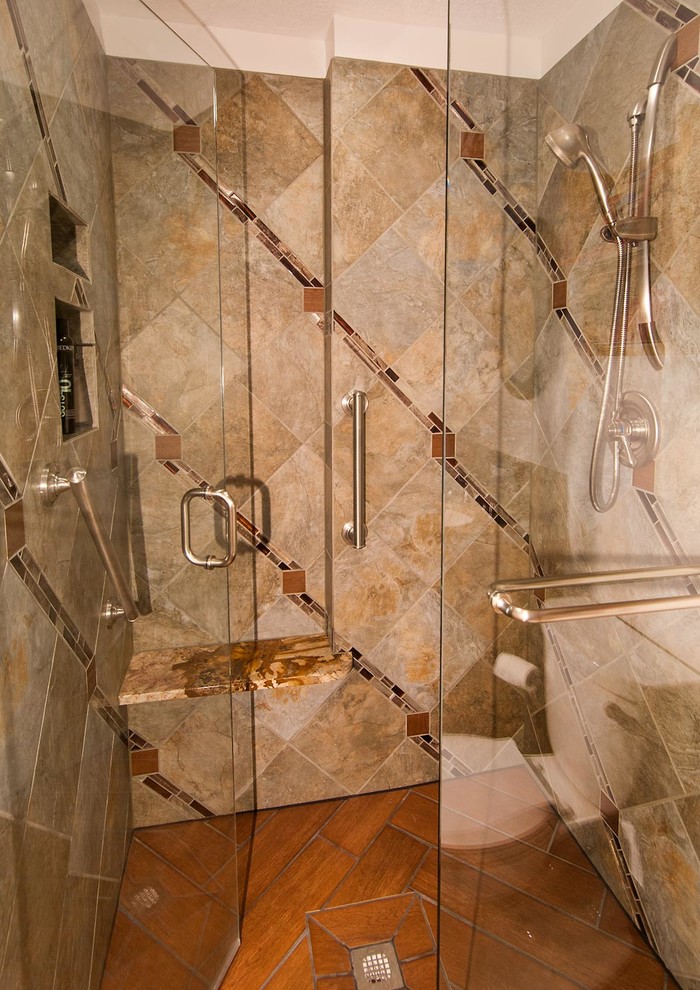 Glass Enclosure and Original Tile Design Contemporary Bathroom