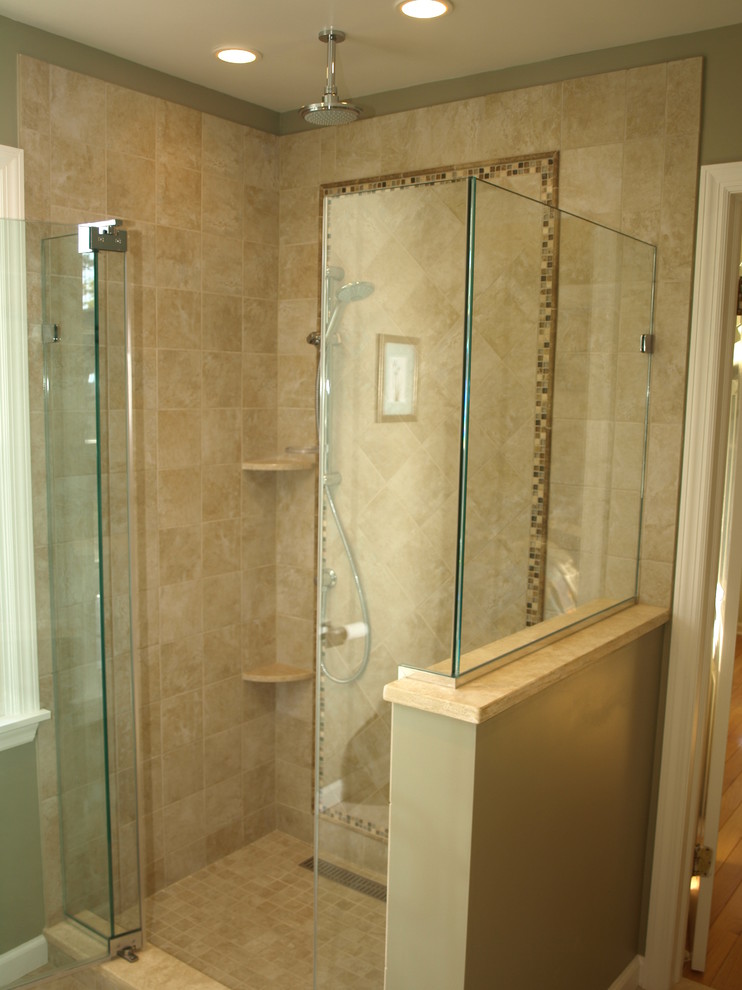 Inspiration for a mid-sized timeless master ceramic tile bathroom remodel in Newark with flat-panel cabinets, light wood cabinets, a one-piece toilet, green walls, a trough sink, a hinged shower door and multicolored countertops