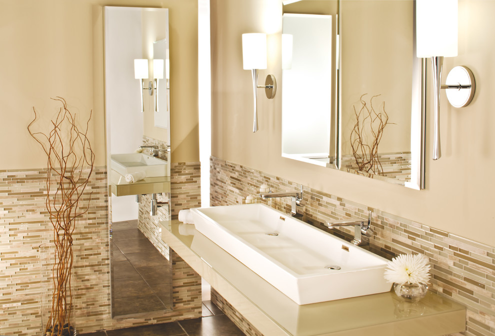 Bathroom - large transitional master multicolored tile and glass tile ceramic tile bathroom idea in New York with beige walls