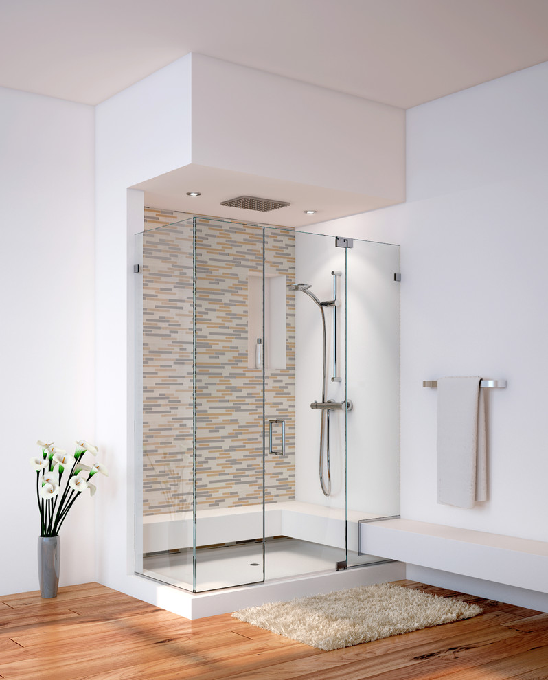 Esempio di un'ampia stanza da bagno padronale minimal con doccia ad angolo, piastrelle multicolore, piastrelle in ceramica, pareti bianche e parquet chiaro