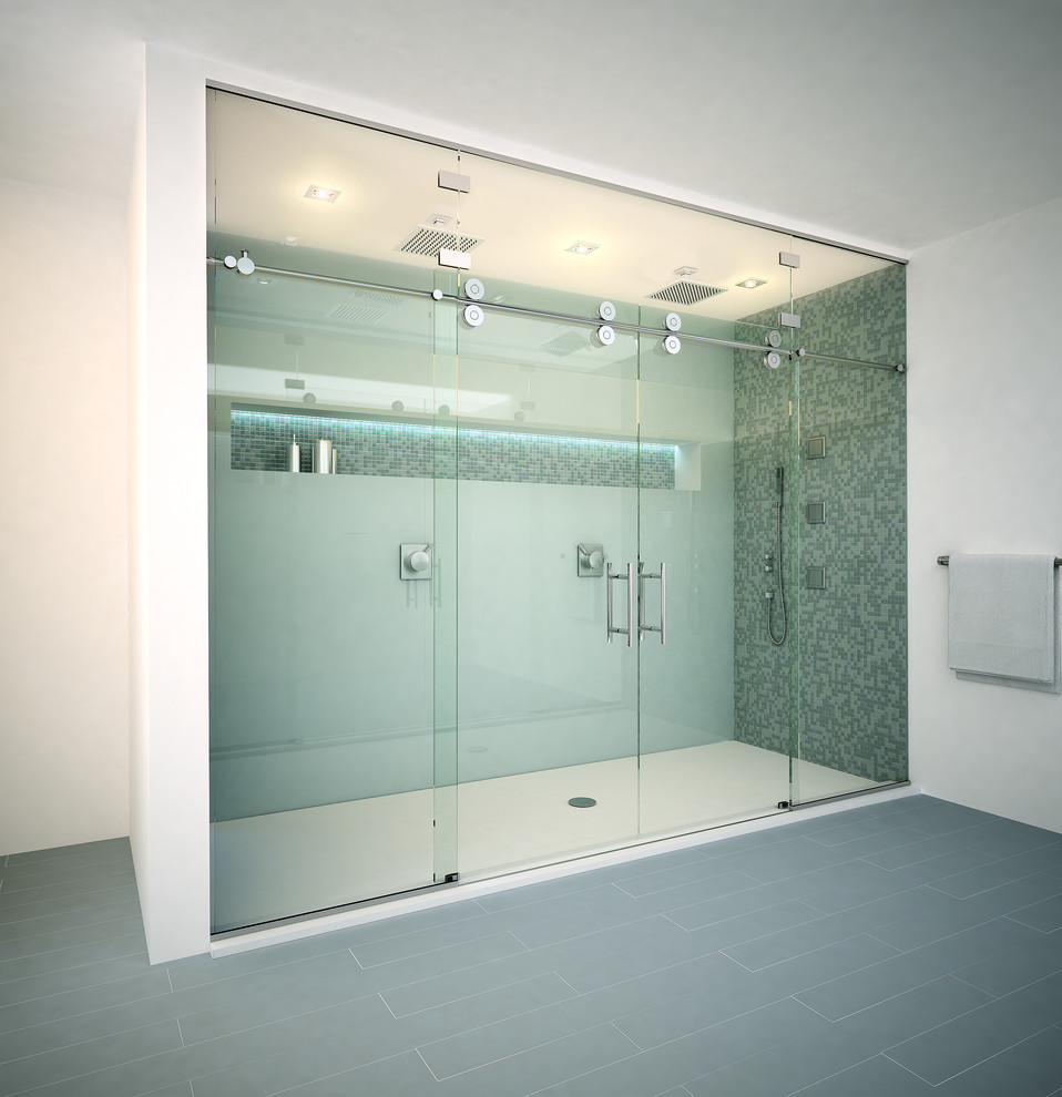 Foto di un'ampia stanza da bagno padronale design con doccia doppia, piastrelle multicolore, piastrelle a mosaico, pareti bianche e pavimento con piastrelle in ceramica