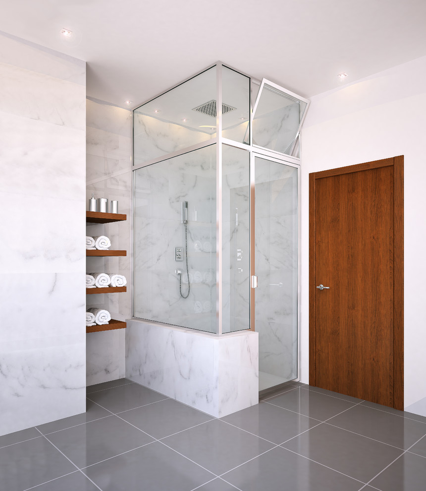 Idéer för att renovera ett mycket stort funkis en-suite badrum, med en hörndusch, flerfärgad kakel, stenkakel, vita väggar och klinkergolv i keramik